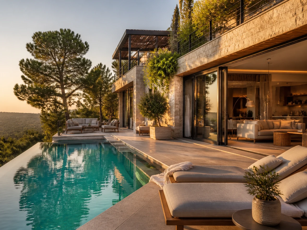 Illustrative image of a luxury vacation villa with a pool
