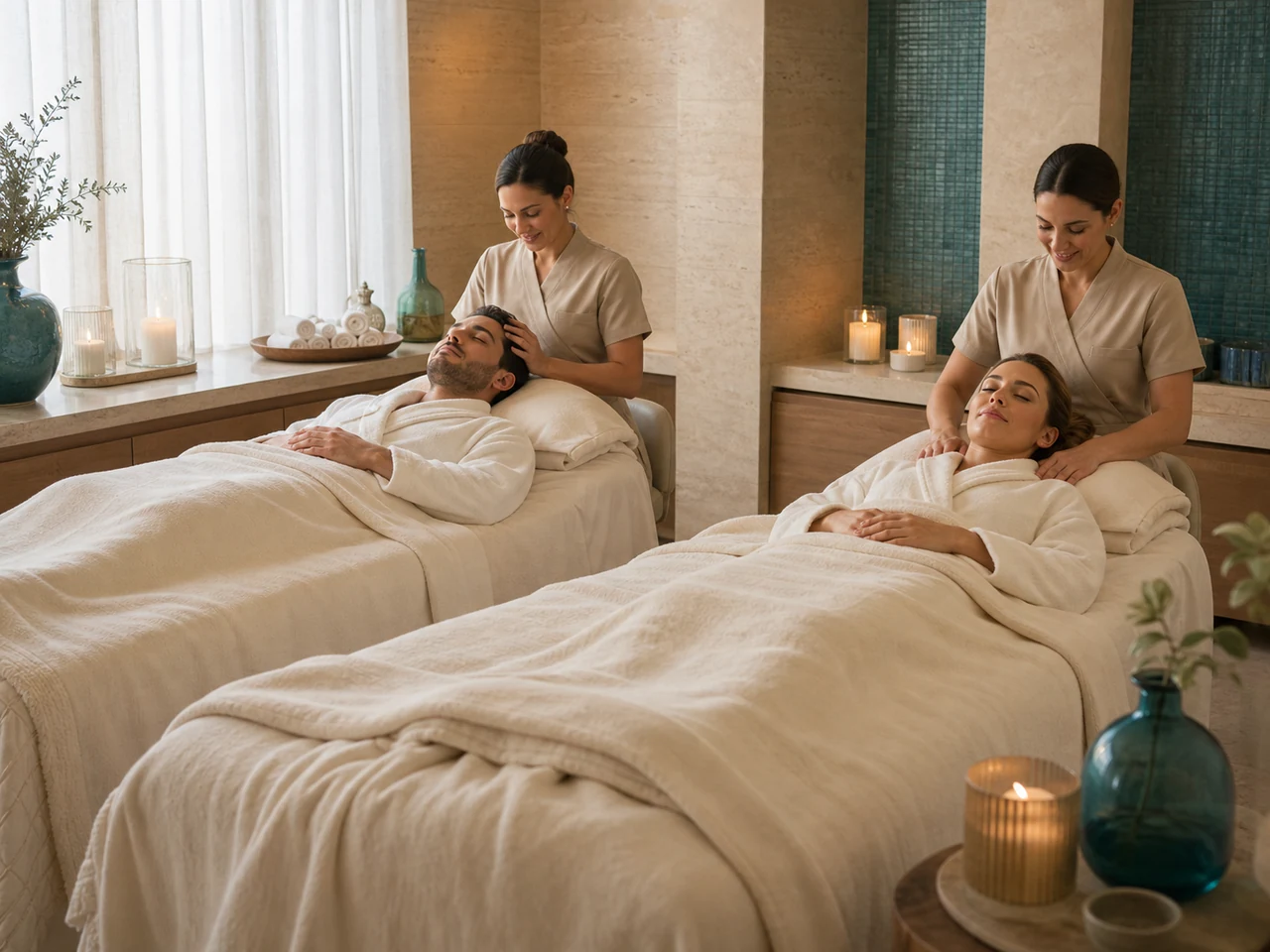 Illustrative image of a fully covered couple receiving spa treatments