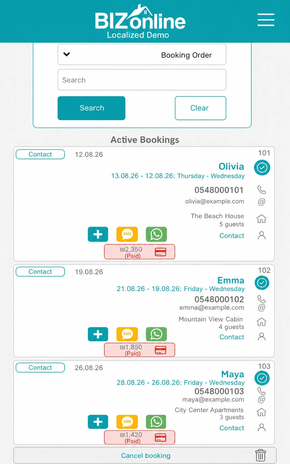 BIZonline localized English demo of active booking management